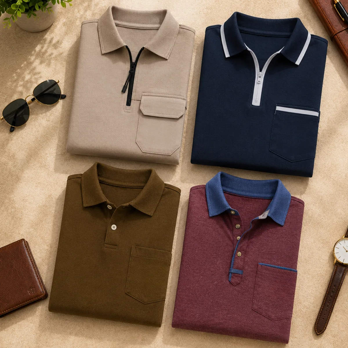 4 Men's Casual Polo Collection With Pockets ( C3 )