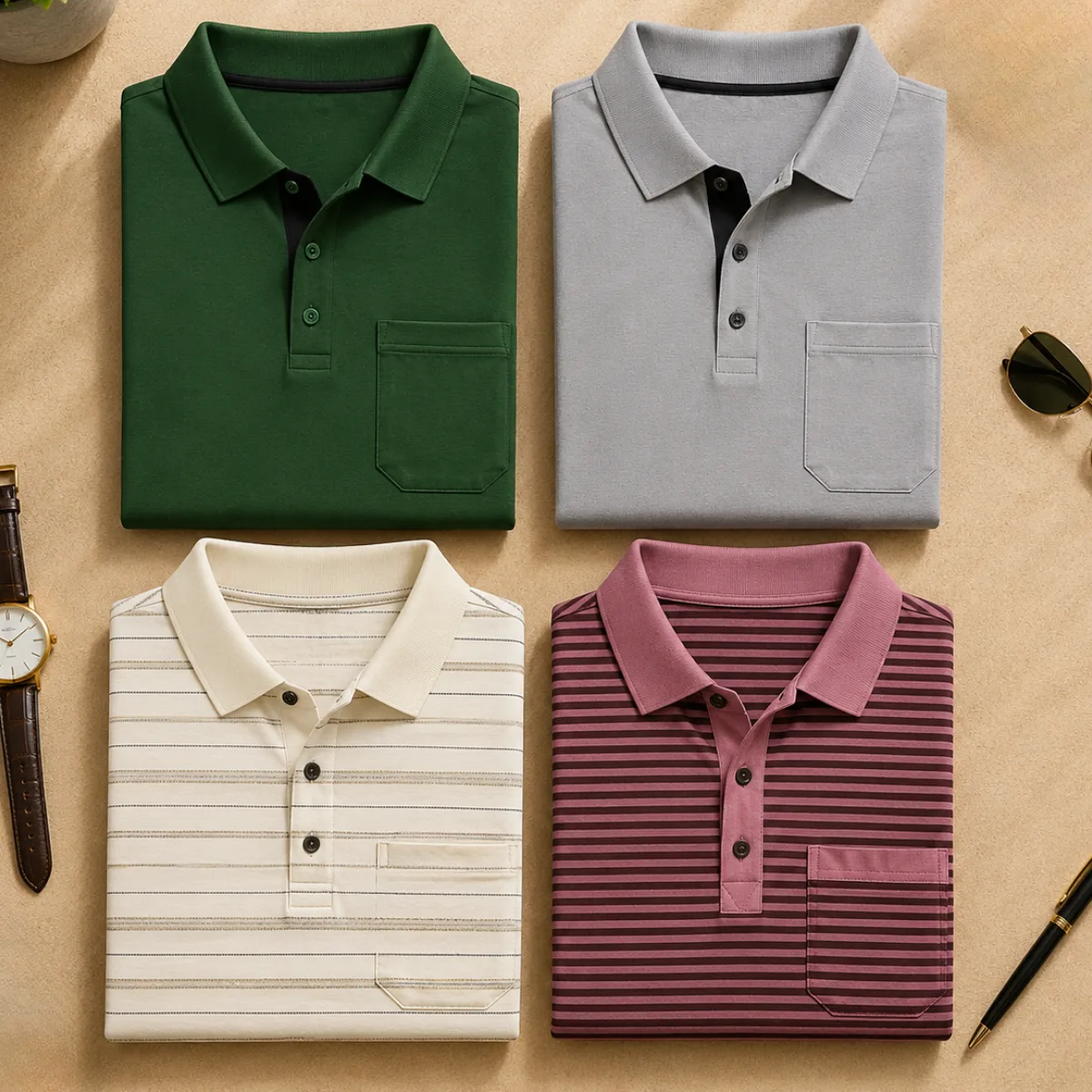 4 Men's Casual Polo Collection With Pockets ( C7 )